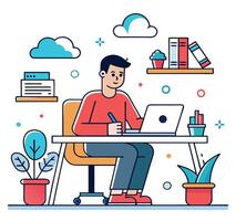 Man Working At Desk With Laptop Illustration Design Style vector