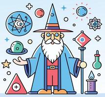 Whimsical Wizard Illustration With Magical Elements And Clean Line Art Style vector