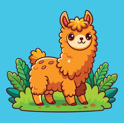Adorable Cartoon Llama Character Standing On Green Grass With Leaves Illustration