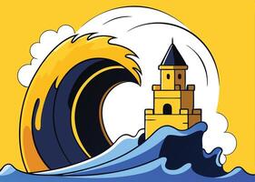 Cartoon Lighthouse On Island With Big Wave Yellow Background Illustration vector