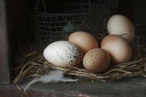 Rustic still life bird eggs in nest with feather photo