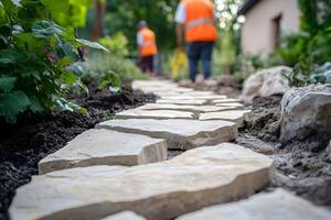 A detailed view of a stone garden pathway surrounded by soil, with workers in orange safety vests enhancing the landscape in a natural garden setting. photo