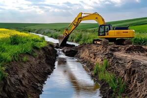 A yellow excavator working on a stream in a field with green grass and yellow flowers under a cloudy sky photo