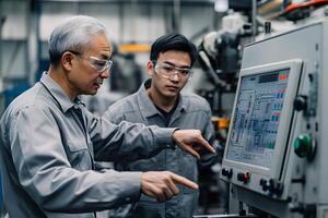 Two engineers analyze data on industrial equipment interface, collaborating to enhance production processes in an advanced manufacturing facility photo