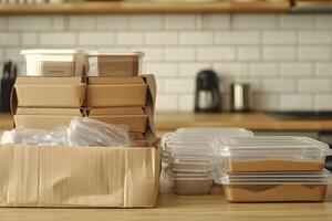Stack of cardboard boxes and plastic containers on a wooden surface in a kitchen setting indoors photo