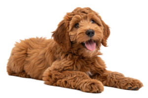 full body of a Adorable red Cobberdog aka Labradoodle dog puppy, laying down facing front. Looking straight to camera, tongue out- Isolated - generated by ai png