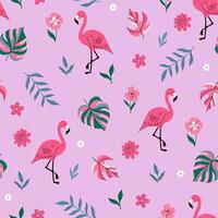 Seamless pattern with pink flamingos, flowers and tropical leaves. graphics. vector