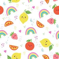 Seamless pattern with cute fruits and rainbows. graphics. vector