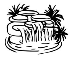Tranquil garden waterfall illustration water feature on isolated background. Naive Linear contour tranquil fountain for logotype or poster. Contour drawing stream in japanese garden. vector