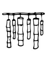 Hanging bamboo chime on the stick whimsical line sketch on isolated background. Linear contour naive illustration zen home decor art for logotype or contemporary design. vector