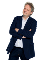 Man in a suit with arms crossed looking at the camera on a transparent background with a slight smile png