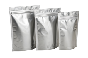 Three silver foil pouches with zip lock closures on a transparent background for product packaging display png
