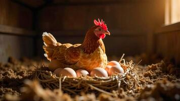 Hen Sitting in the Nest with Eggs in a Barn. photo