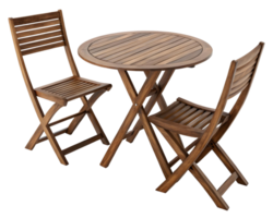 Wooden bistro set featuring a round table and two folding chairs against a transparent background studio shot png