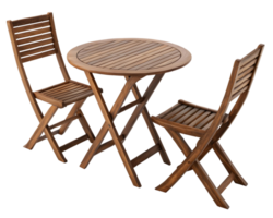 A wooden bistro set with a round table and two folding chairs on a transparent background for outdoor dining png