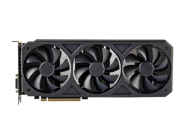 Close up of a dark graphics card with three fans on a transparent background in studio lighting png