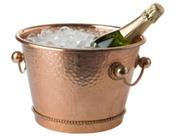 Champagne bottle chilling in a copper ice bucket filled with ice cubes on a transparent background studio shot png