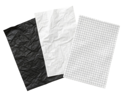 Three sheets of paper showing crumpled black blank and grid paper on a transparent background png