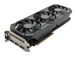 Close up shot of a black graphics card with three fans on a transparent background for computer builds png