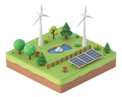 Isometric landscape with wind turbines, solar panels, pond, trees and fence on a green field png