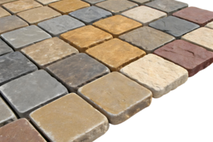 Close up of a variety of square paving stones in different colors arranged in a repeating pattern png