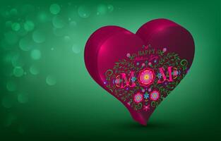 3D Mother's day Heart shaped gift box with hand drawn embroidery of floral and flowers decoration, isolated on green background, soft bokeh effect and copy space for your text vector