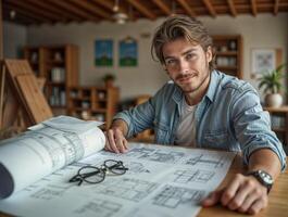 A male architect sits at a table with a large sheet of paper in front of him. He smiles and enjoys himself. photo