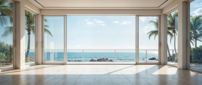 A large open living room with a view of the ocean. The room is empty and the windows are open, letting in the fresh air and the sound of the waves crashing on the shore. photo
