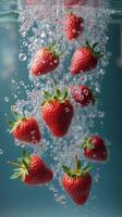 The red fruits of the strawberries float in a stream of water, surrounded by air bubbles. photo