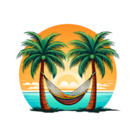 Relaxing on the beach under palm trees during sunset with a hammock png