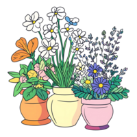 encantador desenhado à mão colorida flor panelas com brilhante flores, ideal para com tema de primavera desenhos png