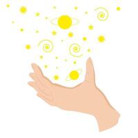 Space and universe, in flat style. Constellations and astronomy. Hands holding heavenly bodies. vector