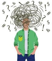 Man thinks. Male character standing with question mark and currency symbols flat illustration. vector