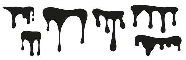 Melting paint in black color. Abstract liquid substance dripping and flowing. Set of runoff substance. vector