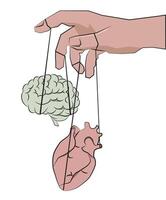 Managing the irrational heart and rational mind. The hand controls the heart and brain like puppets. vector