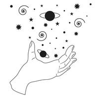 Constellations and astronomy. Hands holding heavenly bodies. Space and universe, in flat style. vector