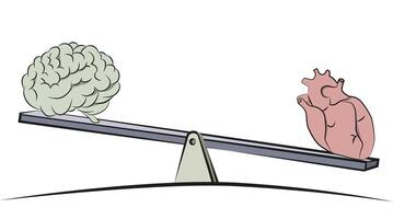 Interchangeability of brains with hearts. The age-old struggle of the mind with feelings. vector