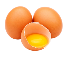Group of brown chicken eggs and one broken open egg showing its yolk cut out png
