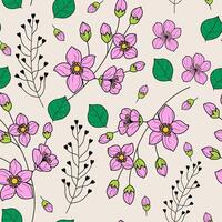 Pink Floral Pattern with Spring Blossoms and Leaves on Beige Background. Elegant and romantic design with botanical details, soft petals, and natural elements. Ideal for fabric, wallpaper, print vector