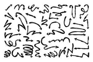 Hand Drawn Wobbly Arrows with thin Curvy Lines and Loops. Scribble coils with wavy pointers. Set of doodle arrow icons. Collection of sketchy hand free curved lines and pointers vector
