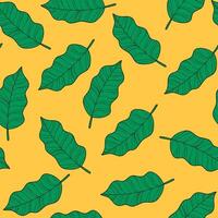 Leaf Seamless Pattern with Tropical Green Leaves on Yellow Background. Playful and vibrant leafy background with tropical foliage, bold shapes, and playful colors. Ideal for print, fashion, cards vector