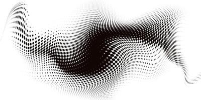 Abstract Black Halftone Curly Wave Isolated on White Background. Trendy wave pattern with flowing dotted texture and fade shadows. Perfect for posters, branding, web, print vector