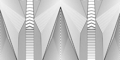 Intricate Black and White Architectural Line Art with Symmetrical Thin Lines. Dynamic linear design with overlapping geometric shapes, optical illusions, and abstract patterns. Perfect for print, web vector