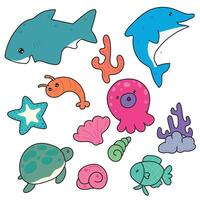Cute sea animal characters in a fun set, featuring various ocean creatures with playful and kawaii style vector