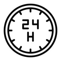 A black and white clock icon with the time 24 hours vector