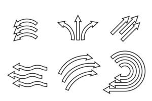Set of black arrow showing wind air flow isolated on white background, air direction vector
