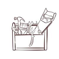 Toolbox with various hand tool in line art style. Hammer, wrench, pliers, screwdriver, brush and saw. Ideal for construction maintenance repair and DIY themed design. vector