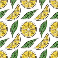 Seamless pattern with lemon slice, wedges and green leaf in flat style. Perfect for summer citrus theme, fresh food packaging and organic fruit design. vector