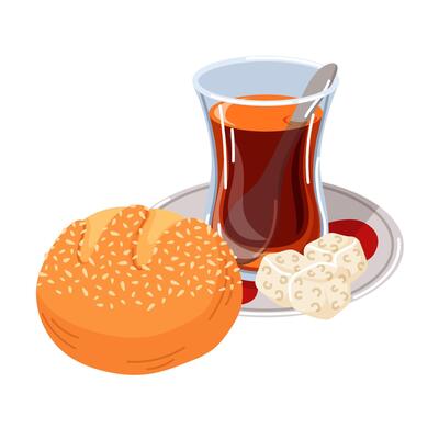 Turkish breakfast with glass of tea, sesame stuffed bun, sugar cubes and spoon on saucer with red pattern in cartoon style. Food culture for morning breakfast ritual isolated on a white background.