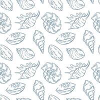 Seamless seashell pattern in blue line art style. Various ocean shell type perfect for summer beach theme, coastal decoration and marine inspired design. vector